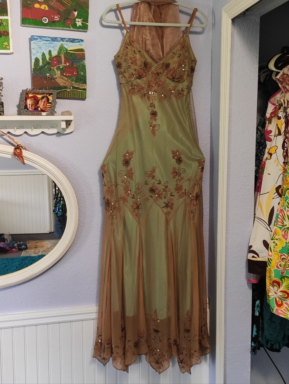 Papell Boutique Blush Green Beaded Fringe Maxi Dress - Picture 8 of 14